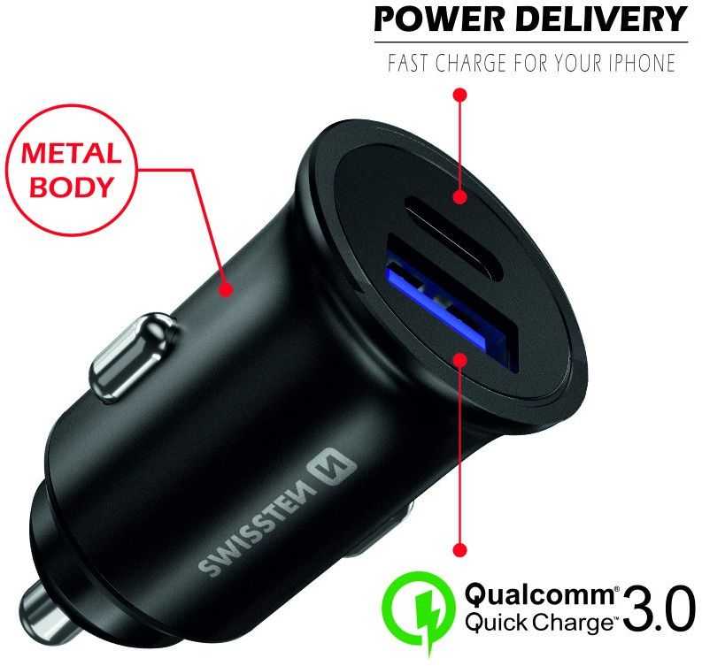 Swissten Metal Car Charger Power Delivery USB-C + Quick 3.0 36W Black
