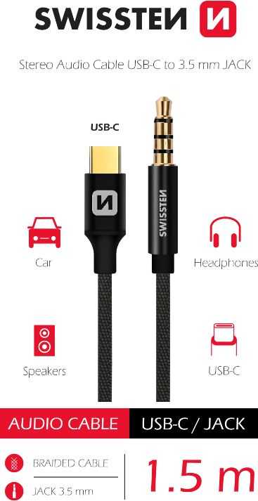 Swissten USB-C to 3.5 mm Audio Cable, 1.5m, Black