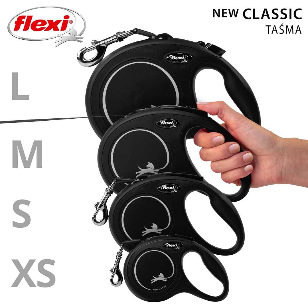 Flexi automatic tape leash New Classic - 5m length, black, up to 50kg
