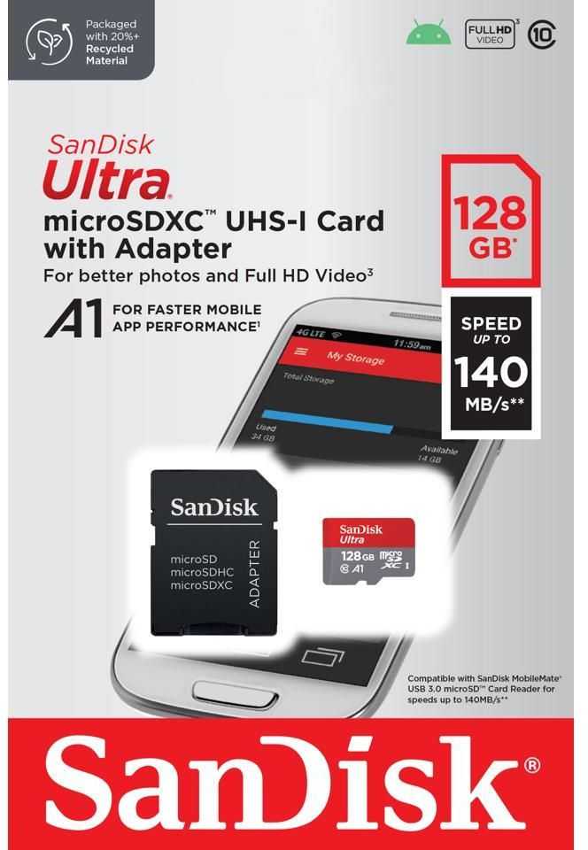 SANDISK 128GB Class 10 Micro SDXC card SDSQUAB-128G-GN6MA