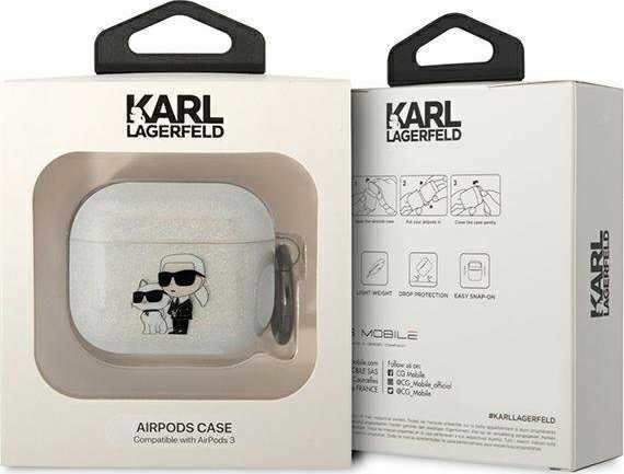 Karl Lagerfeld 3D Logo NFT Karl and Choupette TPU Glitter Case for AirPods 3, White
