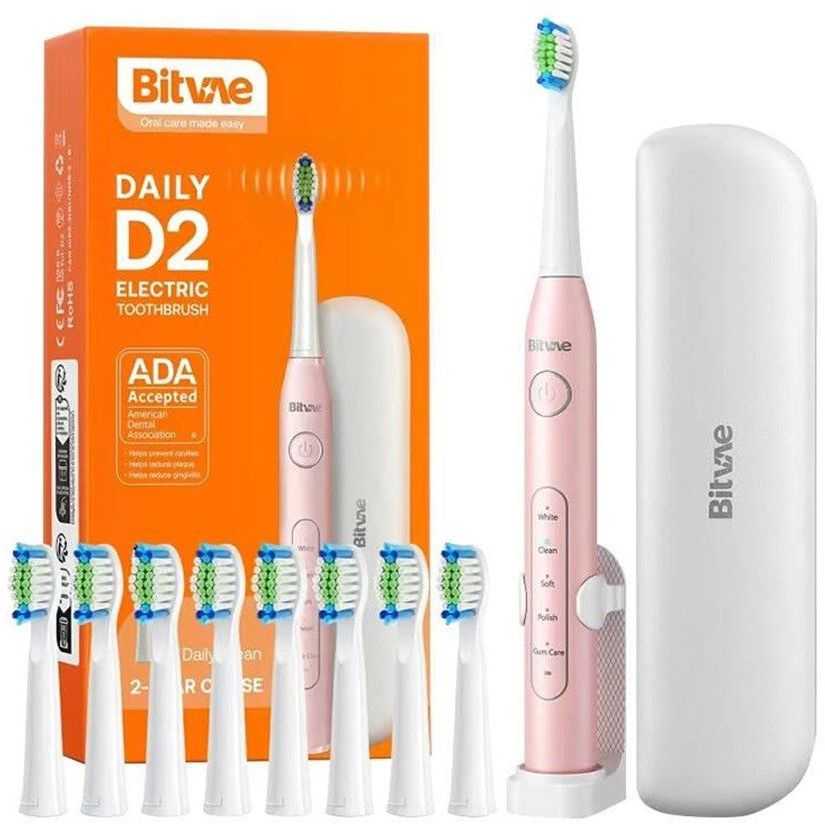 Bitvae D2 Electric toothbrush with 8 brushes / travel case / holder / cable, Pink