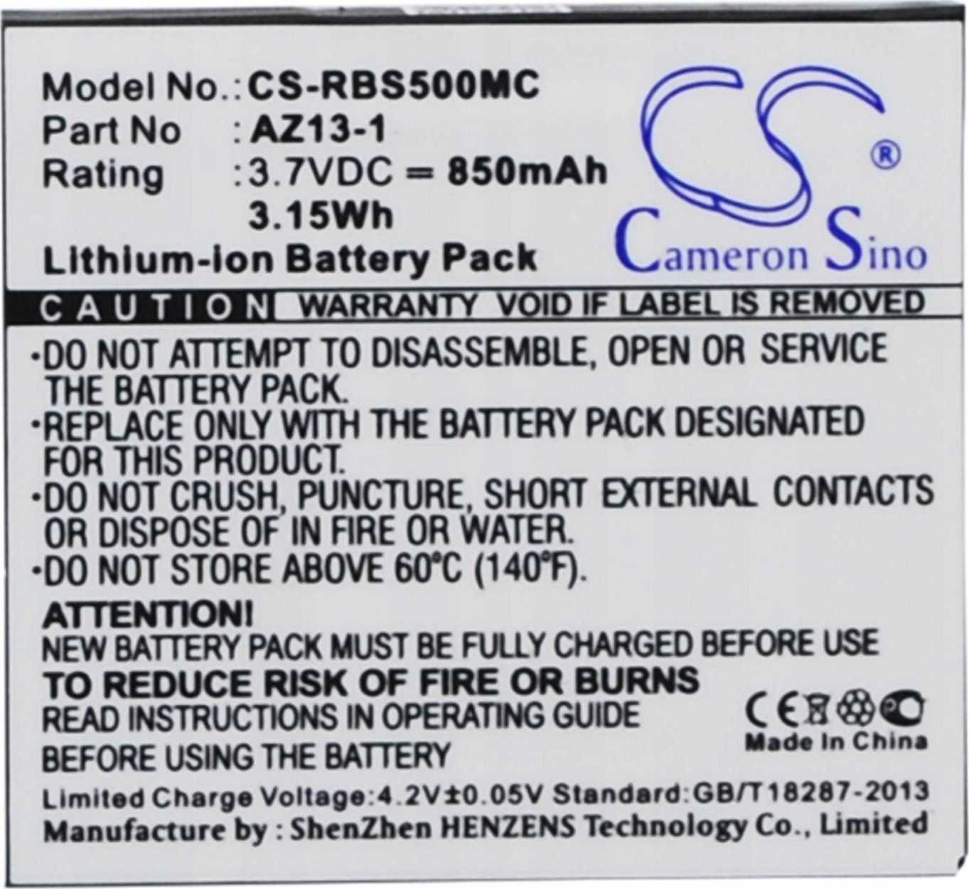 Cameron Sino Battery AZ13-1 for Xiaomi Yi Xiaoyi CS-RBS500MC