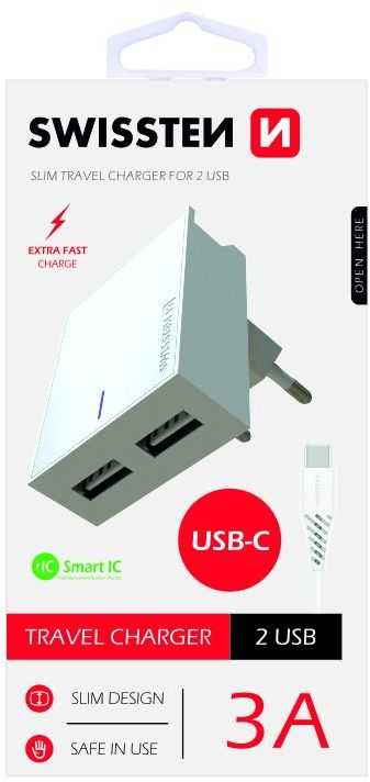 Swissten Smart IC Travel Extra Fast 2x USB 3.0 / 15W + USB-C 1.2m White