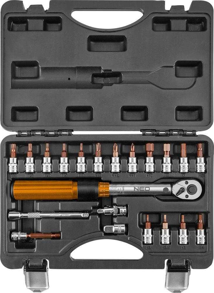 Neo " 1/4" bi-directional torque wrench tools, 5-25NM, 21-piece set.";