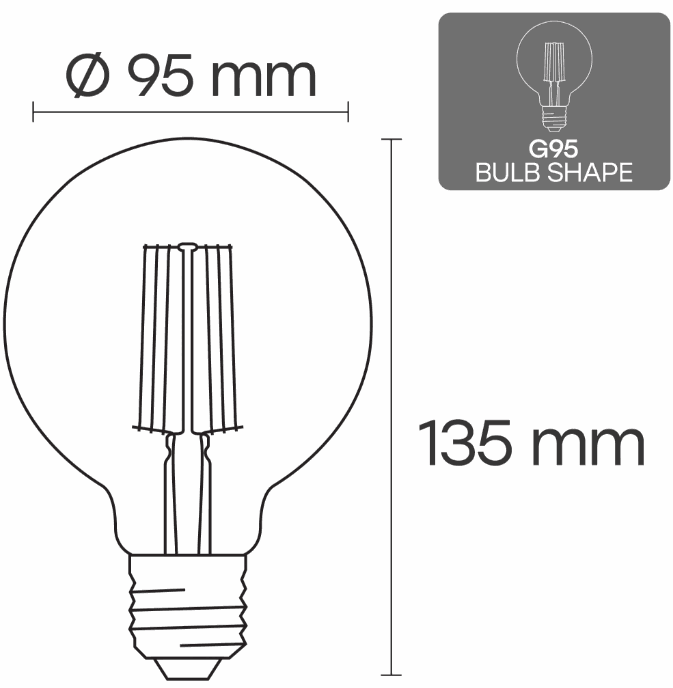 Visional LED Filament Lamp E27, G95, 10W, 1200lm, 3000K, 360°, amber