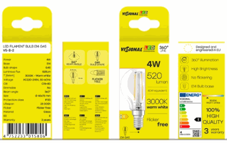 Visional LED Filament Bulb E14, G45, 4W, 520lm, 3000K, 360°