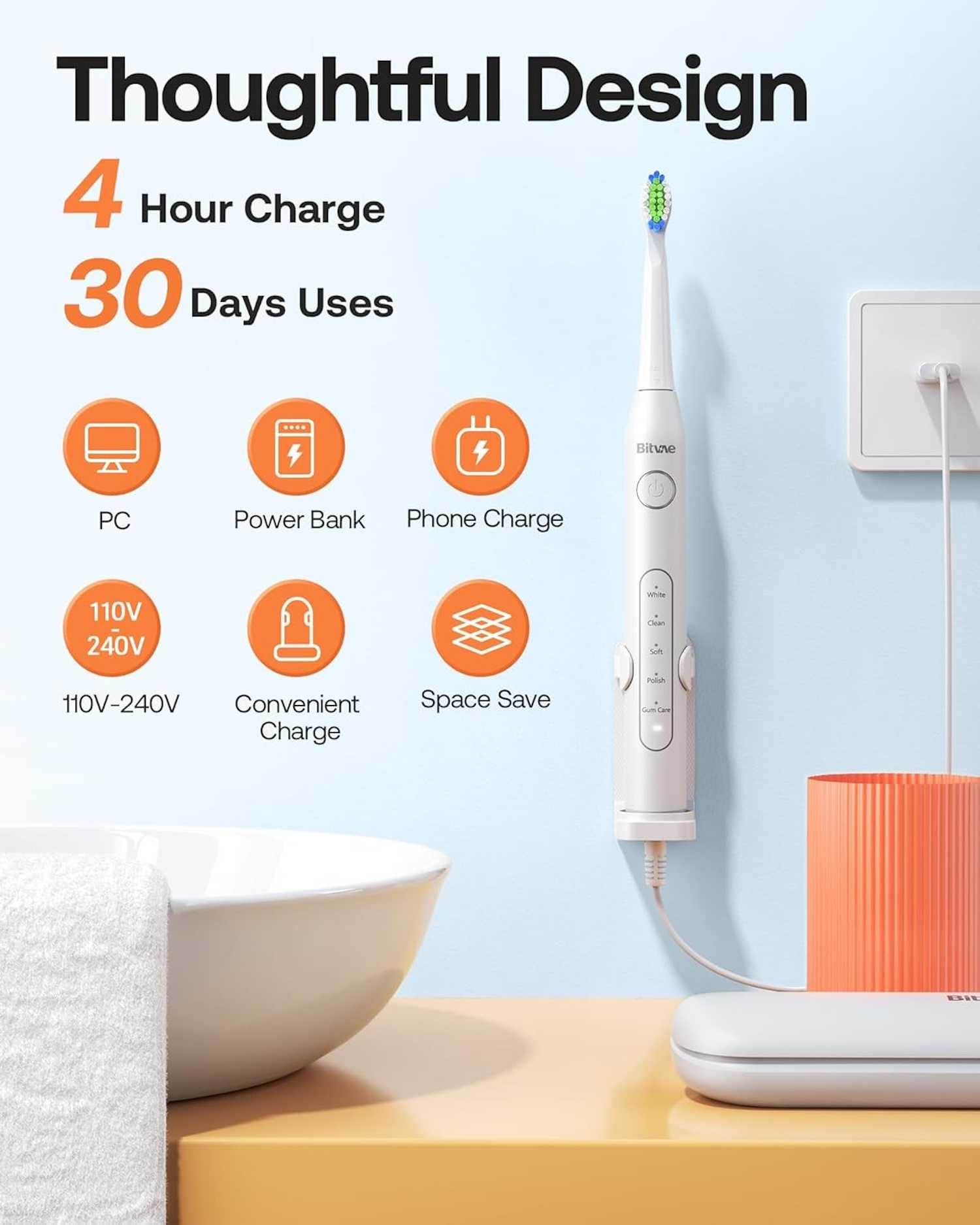 Bitvae D2 Electric toothbrush with x8 brush heads, travel case, holder, and cable, in white