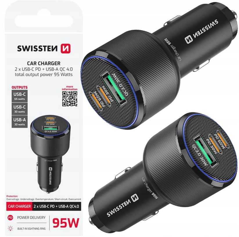 Swissten Car Charger 2x USB-C USB-A PD 95W Black