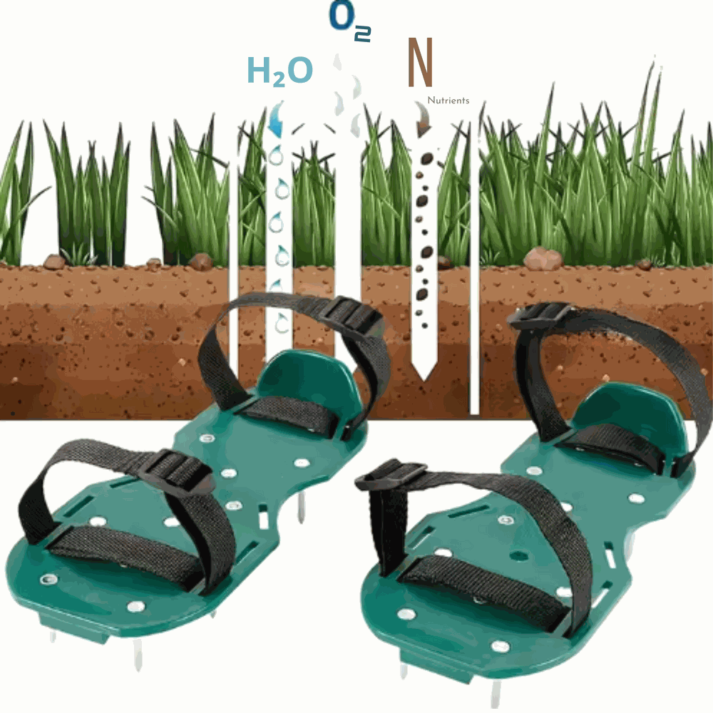Lean Aerator, scarifier, and shoe covers with grass spikes