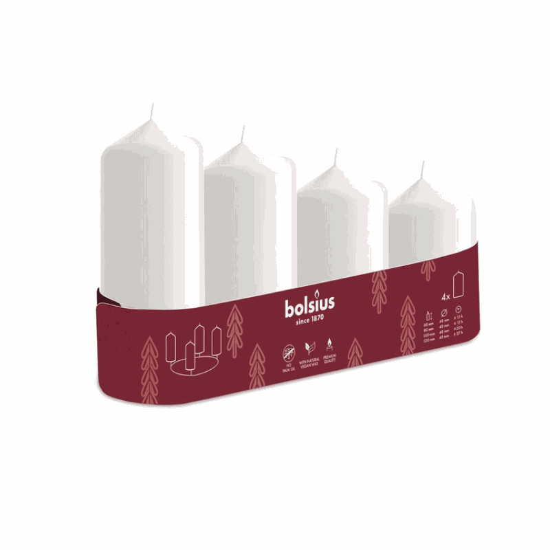 bolsius 4 pcs. candle cylinders, Ø120, 100, 80, 60x48mm, white