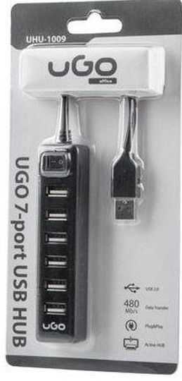 UGo UHU-1009 7-Port USB 2.0 Hub, Black