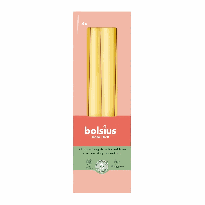 bolsius 4 pieces of yellow table candles, 245/24mm, in a box