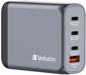 Verbatim 100W GaN charger, 1x USB-A, 3x USB-C (grey, PD 3.0, QC 3.0)